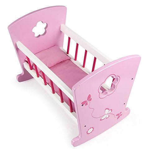 Cuna Mecedora de Madera Rosa 46x28x34 cm con Almohada y Edredón | Ropa de cama incluida, edredón más almohada, movimiento de balancín, accesorio para cuidar muñecas durante el juego