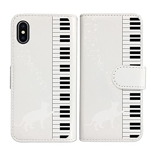 sslink iPhone17 Pro Max アイフォン17プロマックス 対応 手帳型 ホワイト ケース ピアノと白猫 ネコ 音符 ミュージック ダイアリータイプ 横開き カード収納 フリップ カバー