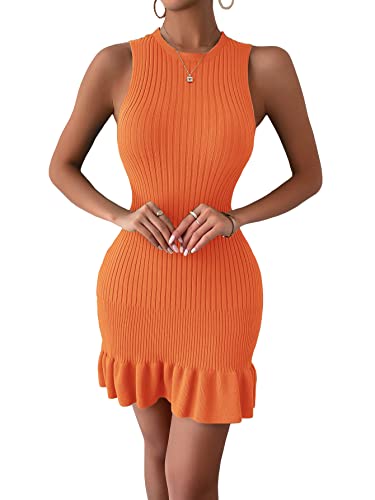 Makemechic Women's Sleeveless Ruffle Hem Ribbed Knit Mini Bodycon Sweater Dress Orange M #TOP11