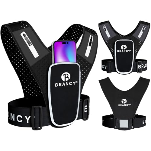 Brancy Running Phone Holder Vest | Lightweight & Durable Running Backpack Alternative | 2 Shoulder Zipper Pockets | Adjustable Unisex Reflective Running Vest with Phone Holder & Storage