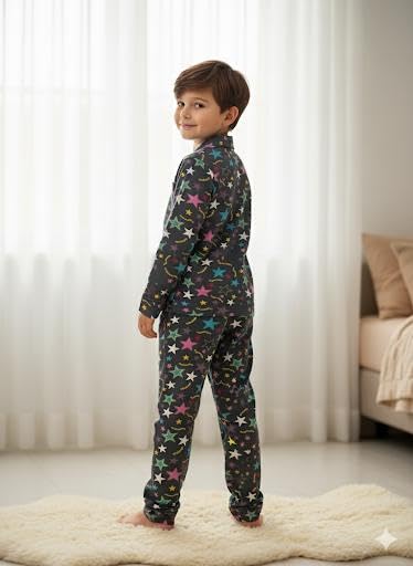 Image of TONY & JONY Summer Casual Wear Self Design Cartoons Printed Full Sleeve 100% Pure Cotton Kid's Top Bottom Set /Night Suit