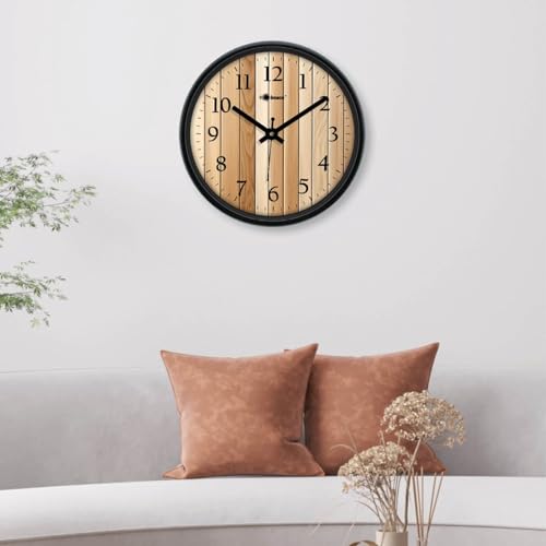 Image of Bosco Decorative Non Ticking Silent, Wooden Colour with Black Frame Elegant 30 CM,Modern Design Round Wall Clock for Home, Living Room, Bedroom, Office and Kitchen | BWC-1249