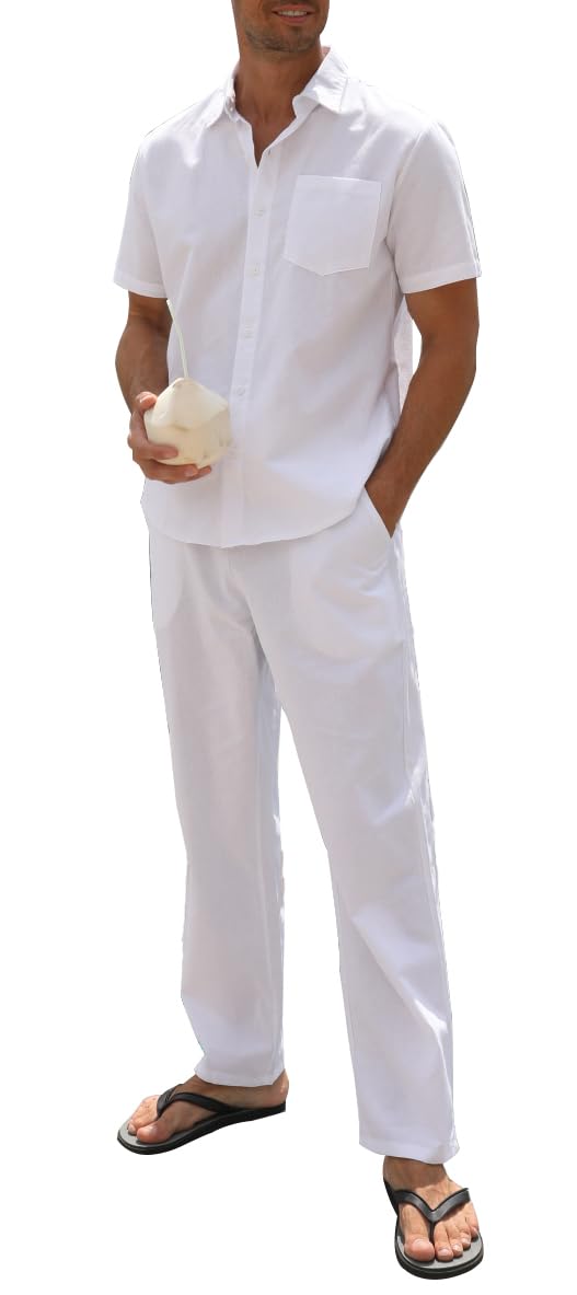 Ensemble 2 pièces en lin pour homme - Vêtements de plage et de mariage - Chemises boutonnées décontractées - Pantalon de yoga - Costume d'été assorti