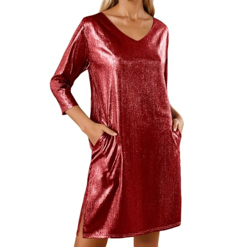 Vestido midi para mujer, vestido festivo de Nochevieja, vestido elegante con purpurina, cuello en V, vestido de mujer, manga larga, vestido de noche, fiesta, cóctel, rojo, L
