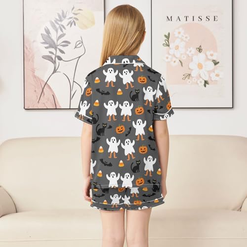 Satin Pajama Sets Short Sleeve Halloween Ghosts Pumpkins Cats Bats Button Down Silky Nightwear 2 Piece PJS 5-14Y4