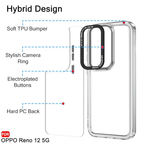 Image of TheGiftKart Hybrid Shockproof Back Cover Case for Oppo Reno 12 5G | Stylish Camera Border | Electroplated Buttons | Crystal Clear Hard Back Cover Case (TPU & PC, Transparent Bumper)