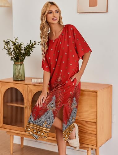 Image of Ekouaer Women's Nightgown Short Sleeve Sleepshirt Long Loungewear Casual Maxi Lounge Dress House Dresses with Pockets