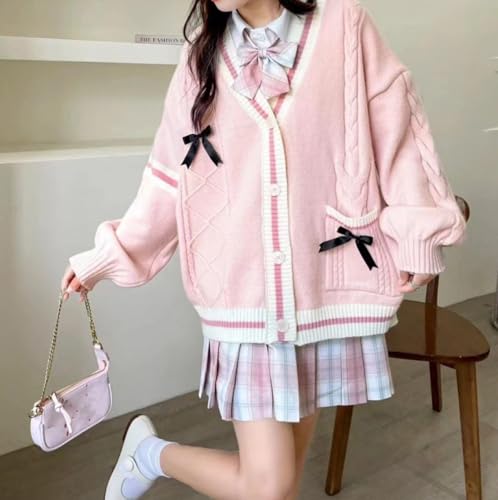 Image of Women's Cute Cable Knit Cardigans,Long Sleeve Button Up Sweater Kawaii Cardigan Coat Outwear with Pinned Bowkno
