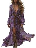 ORANDESIGNE Robe Longue Retro à Col en V et Manches Longues pour Femmes Robes en Mousseline de Soie Vintage Western Country Robe Décontractée d'automne K Violet M