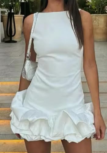 Image of Unybwonn Women Ruffle Bubble Mini Dress Sleeveless Ruched Hem Bodycon Dresses a Line Mock Neck Tank Short Dress