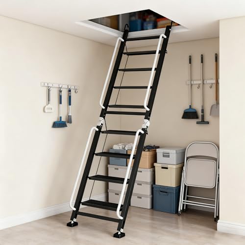Foldable Aluminum Loft Stairs Ladder 8 Step Folding Bunk Bed Ladders with Handrails Portable Anti-Slip Egress Attic Ladders Floor-Mounted Metal Roof Access Step Ladder for Dorm RV Home Attic Stair