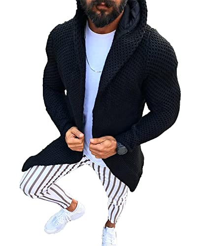 Men's Lapel Hooded Sweater Handsome Old Street Long-Sleeved Cardigan Knitted Top Temperament Warm Ribbed Top