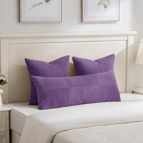 Image of Fancy Homi Set of 2, Purple Patchwork Corduroy Decorative Soft Striped Modern Accent Cushion Case Farmhouse Boho Neutral Throw Pillow Covers for Chair Couch Bed Sofa Living Room 28x28 Inch