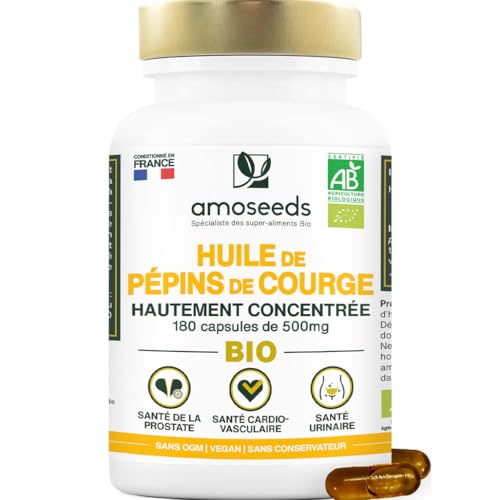 Huile de Pépins de Courge BIO | Prostate, Santé urinaire | Huile pressée à froid | 180 capsules végétales, vegan | Conditionné en France | Qualité Supérieure