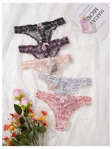 Image of SHENHE Women's 5 Packs Floral Lettuce Trim Bow Low Rise Cute Thong Panties Underwear