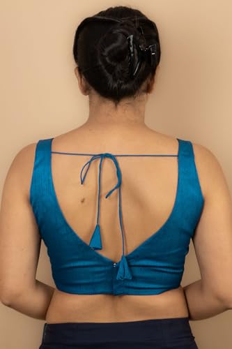 Image of FIGURE'S DESIGNER Women's Dupion Raw Silk Sleeveless V Neck Sabyasachi Cut Readymade Saree Blouse Padded Stitched S4