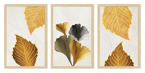 Image of ArtX Paper Modern Art Wall Painting For Living Room,Drawing Room Decoration Big Size, Leaves Framed Painting for Wall Decoration, Mordern Wall Decor For Bedroom,Multicolor, 36.0 x 18.0 inches,Set Of 3