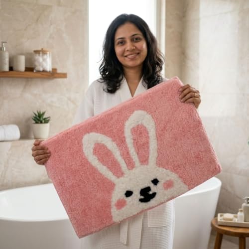 Image of Dream Weaverz 2000 GSM Soft Microfiber Bath Mat - Quick Dry Anti-Skid Water Absorbent Floor Rug, Machine Washable Non Slip Door Mat for Bathroom & Bedroom (40 x 60 cm) (Cute Bunny)