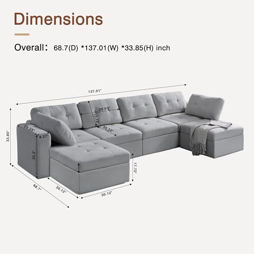 Image of QHITTY U Shaped Sectional Modular Sofa, 6 Seater Accent Couch with Hidden Extra Large Storage Space for Living Room, Grey