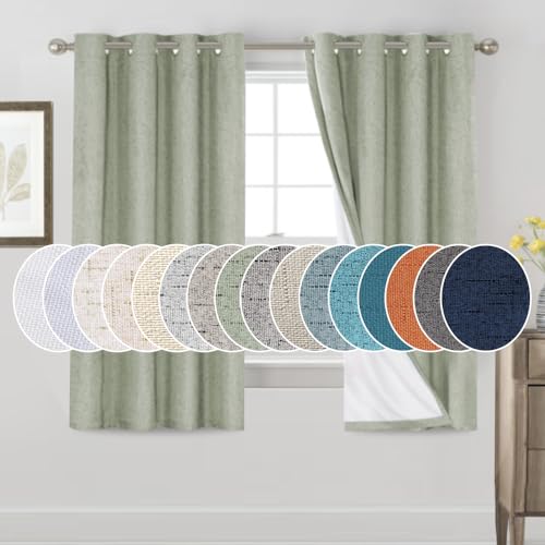 Image of PrinceDeco 100% Blackout Linen Curtains 63 Inches Long 2 Panels Thermal Insulated Burlap Curtain with White Liner Grommet Room Darkening Textured Curtains for Bedroom Living Room (52x63 inch,Sage)