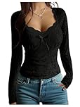 GORGLITTER Women's Lace Bow Front Sweetheart Neck T Shirts Long Sleeve Slim Fit Elegant Going Out Tops Black Large