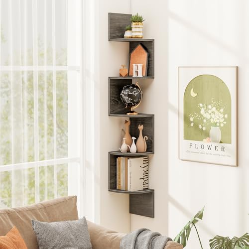 Tangkula 5-Tier Corner Shelf Wall Mount, Farmhouse Floating Corner Bookshelf,