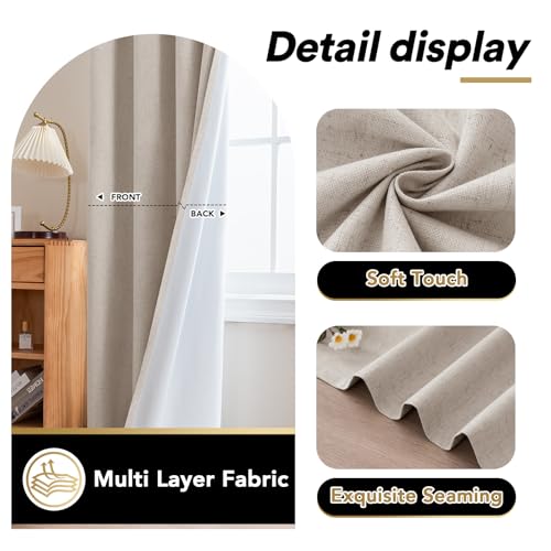 Image of PrinceDeco Blackout Curtains Linen Blended 108 Inch Long Room Darkening Black Out Curtains for Living Room Natural Slubs & Grayish (Not Solid) Thermal Insulated Grommet 2 Panels - Heathered Natural