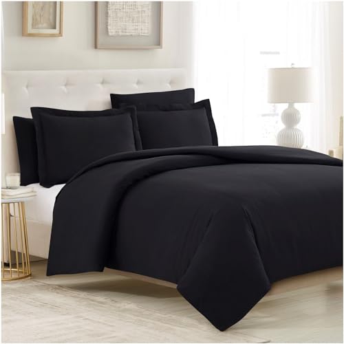 Image of Mellanni Duvet Cover Set 5pcs - Soft Double Brushed Microfiber Bedding with 2 Shams and 2 Pillowcases - Button Closure and Corner Ties - Wrinkle, Fade, Stain Resistant (Full /Queen, Black) | Hotel Luxury, Extra Soft & Cooling - Microfiber - Button Closure and Corner Ties (Queen, Black)