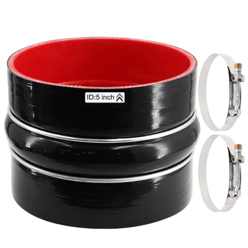 Image of Straight Coupler Silicone Hose ID 5 inch 4 Ply Polyester Reinforcement as Turbocharger Tube Air Intake Pipe with 2 Stainless Steel T Clamps