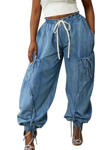 Women's Baggy Jeans Wide Leg Denim Pants Drawstring Bow Tie Joggers Trousers with Pockets Sweatpants