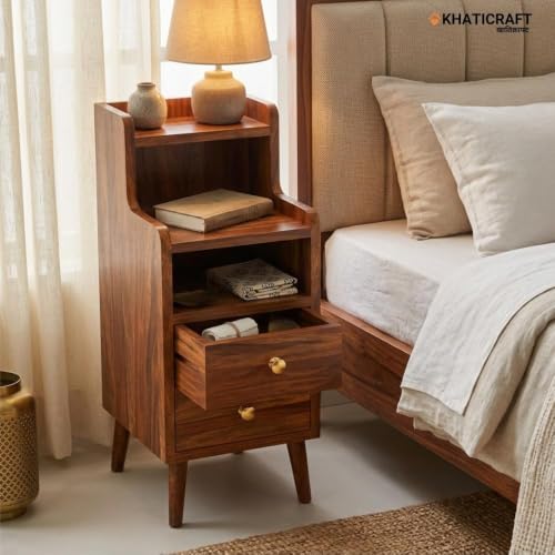 Image of Pithika 100% Solid Sheesham Wood Bedside Table with Drawer - Handmade Wooden Nightstand for Bedroom, Storage Side Table, Pre-Assembled, Honey finesh