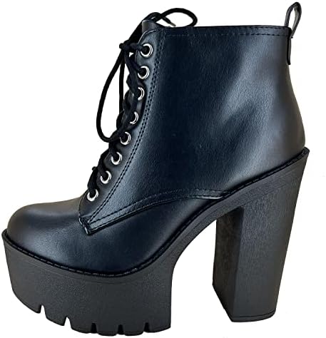 Soda Women's Setup Lug Sole Chunky High Heel Fashion Ankle Boot Lace up w/Side Zipper Bootie Setup Black 5.5 | Image 2