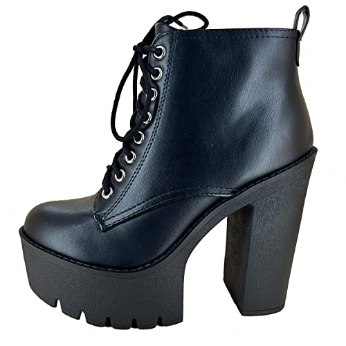 Soda Women's Setup Lug Sole Chunky High Heel Fashion Ankle Boot Lace Up W/Side Zipper Bootie3