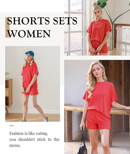 MARZXIN Women's 2 Piece Outfits Summer Tracksuit Ribbed Textured Knit Loose Lounge Shorts Set Short Sleeve Matching Sets Orange L