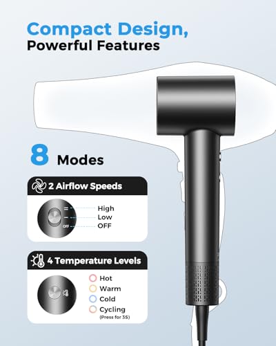 High Speed Ionic Hair Dryer, 160,000 RPM Brushless Motor Blow Dryer for Fast Drying, 500 Million Negative Ions for Frizz-Free Hair, No Heat Damage, Lightweight with Magnetic Diffuser & Nozzle — view 5