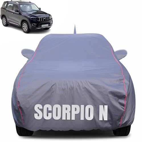 Image of 100% Waterproof Car Body Cover for Mahindra Scorpio N (2022-2025) with Mirror Pocket (Heat & UV Resistant, Triple Stitched, Soft Lining, Bottom Elastic & Piping) Grey
