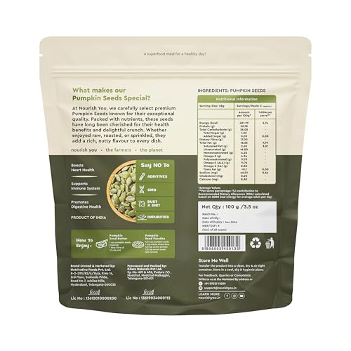Image of Nourish You Raw Pumpkin Seeds 100 gm - High Protein, Fiber-Rich Superfood Snack | Gluten-Free, Keto-Friendly | Heart-Healthy, Omega-3 & Antioxidant-Rich Seeds for Weight Management | Natural Seeds