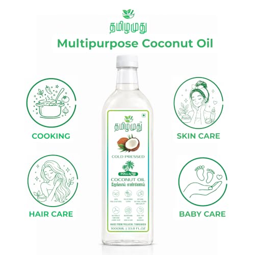 Image of TAMILAMUTHU Pollachi Coconut Oil | Cold Pressed | Multipurpose Use for Cooking, Hair & Skin Care, Massage, Baby Care and Oil Pulling | 1000 ml