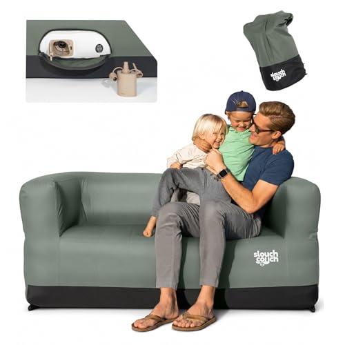 Slouch Couch | Air Sofa with Built-in Pump Hidden Cup Holders Storage Pockets | Durable Blow Up Couch with High-Performance Fabric for Camping Beach Home & Outdoors (Happy Camper)