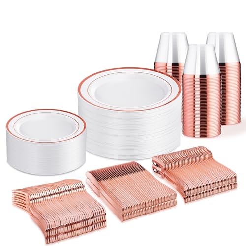 WELLIFE 300 PCS Rose Gold Dinnerware Set for 50 Guests, Valentine's Day Plate, 50 Dinner & Salad Plates,Cups, Forks Knives Spoons for Wedding Reception and Mothers Day Plates
