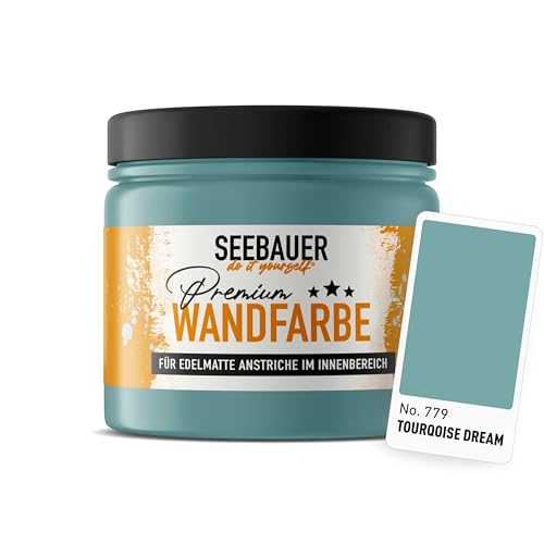 SEEBAUER diy Wandfarbe Türkis 300ML für Innen (No. 779 Tourqoise Dream) Edelmatte Innenfarbe Blau Grün - Grüntöne sehr hohe Deckkraft - Matt, Abwaschbar und Tropffrei