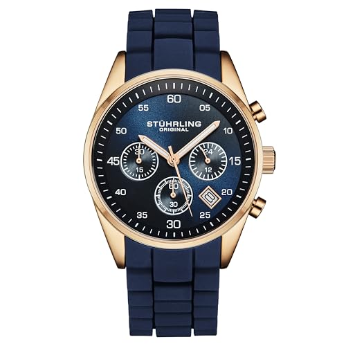 Stuhrling Original Reloj cronógrafo para hombre con caja de 42 mm, correa de silicona, calendario de fecha, resistente al agua, azul rosa dorado