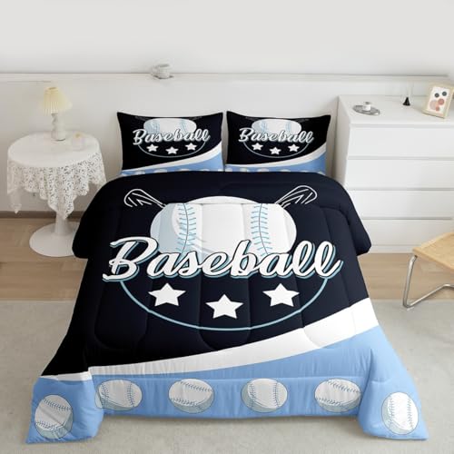 Image of Feelyou Kids Baseball Comforter Set King Size Blue White Baseball Game Bedding Set for Boys Girls Sport Theme Duvet Set Softball Lover Quilt Set 2Pcs