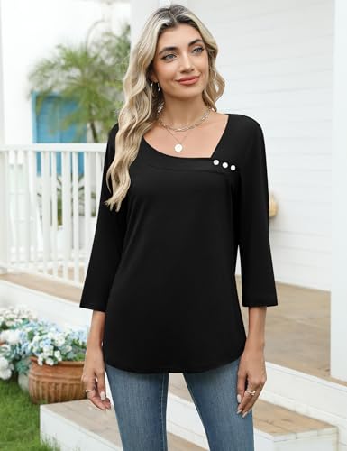 Image of LOMON Womens 3 /4 Length Sleeve T Shirts Asymmetrical Neck Tops Business Blouses for Women Fashion 2026