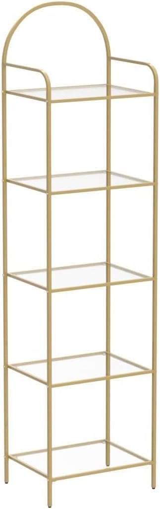 Bookcase Bookshelf, Tempered Glass Bookshelves, Slim Shelving Unit for Bedroom, Bathroom, Home Office, Steel Frame, 5 Tier Gold BC05001G - Image 4