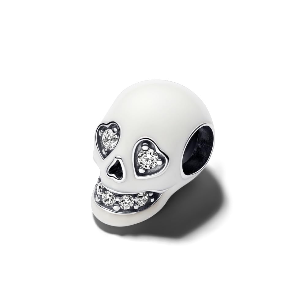 PANDORA Ciondolo in argento Sterling Moments a forma di teschio con zirconia cubica trasparente e smalto bianco che si illumina al buio