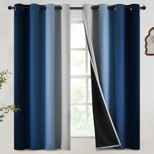 Image of SimpleHome 100% Blackout Ombre Bedroom Curtains Blue and Greyish White,63L | Room Darkening Curtains,Thermal Insulated Grommet Window Drapes and Curtains for Living Room,2 Panels, 52x63 inches Length