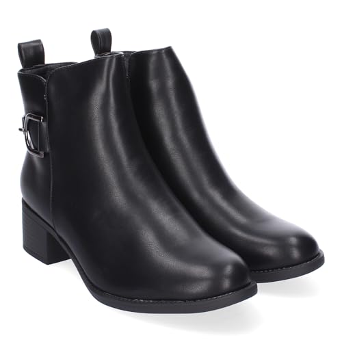 shoes&blues.es 86602 Botines de Tacon para Mujer, Comodos y Elegantes con Detalle de Hebilla, Punta Redonda y Cierre de Cremallera Lateral, Ideales para Otono-Invierno. Negro Talla 37