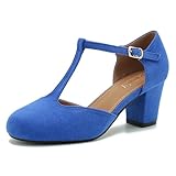 Peijely Womens T Strap Mary Jane Shoes Chunky Block Heel Ankle Strap Buckle Dress Pumps Suede Royal Blue 36 - US 6