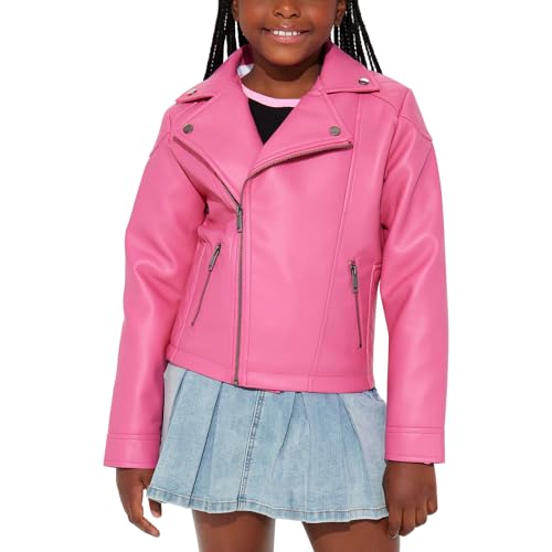 Trifoliate Girls Pink Moto PU Leather Jacket – Notch Collar Biker Outerwear Coat for Kid (7 to 14)